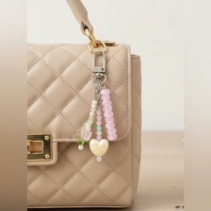 Pink Ivory Heart & Tulip Handmade Beaded Bag Charm Keychain